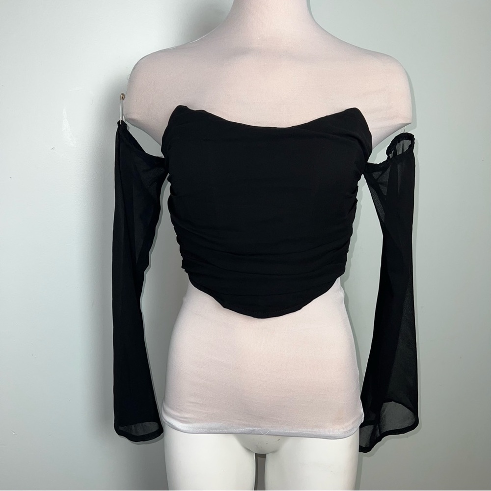 White Fox Boutique Take Me Out Long Sleeve Bustier Top Black Ruched Corset Small